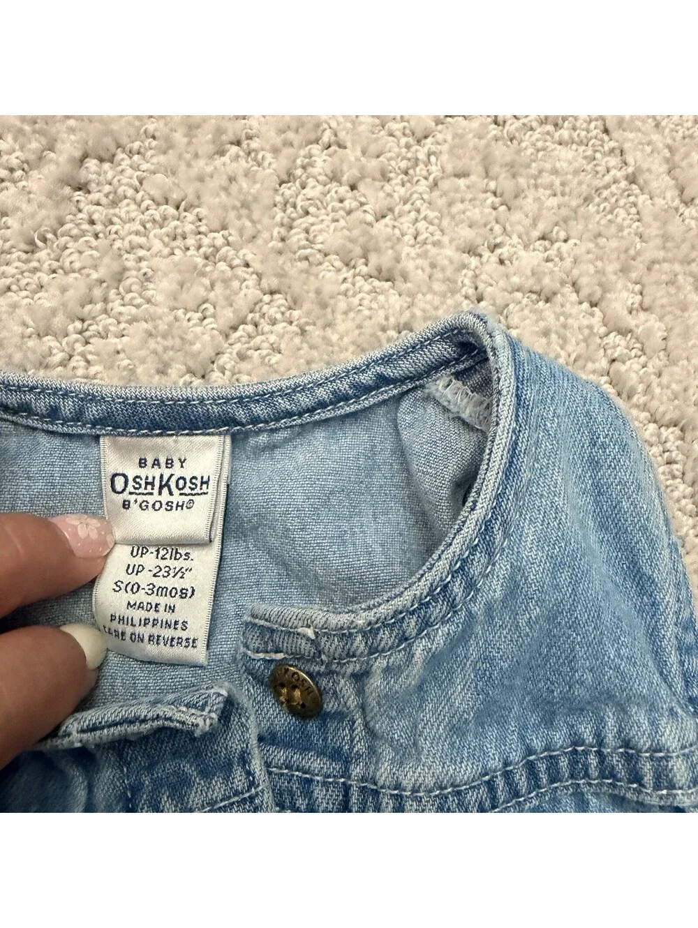 OshKosh B'gosh Denim Romper 0-3 Months Blue Sleeveless Bear Button Pockets